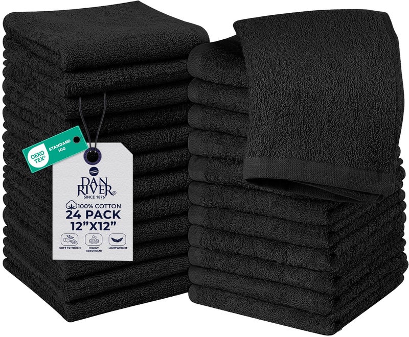 DAN RIVER 24 Pack Wash Cloths for Showering [12x12] - 100% Cotton Washcloths Premium Quality Flannel Face Cloths for Bathroom, Highly Absorbent and Soft Feel Wash Clothes, Black - Image 1